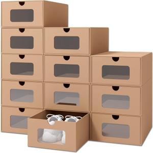 12 Pack Shoe Storage Bins, Waterproof Storage Boxes, Shoe Containers For Sneaker Display, Hat Organizer, Stack-able Cardboard Boxes, with Marking Labels, Transparent Window(13.2'' x 8.3'' x 5.1'')