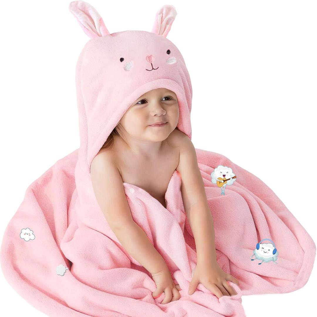 Toddler Baby Bath Towel with Hood 27.5"X55" Ultra Absorbent Soft Cozy Comfort Bathrobe Blanket, 0-6 Years Infant Shower Towel for Girls & Boys (Rainbow Pink)