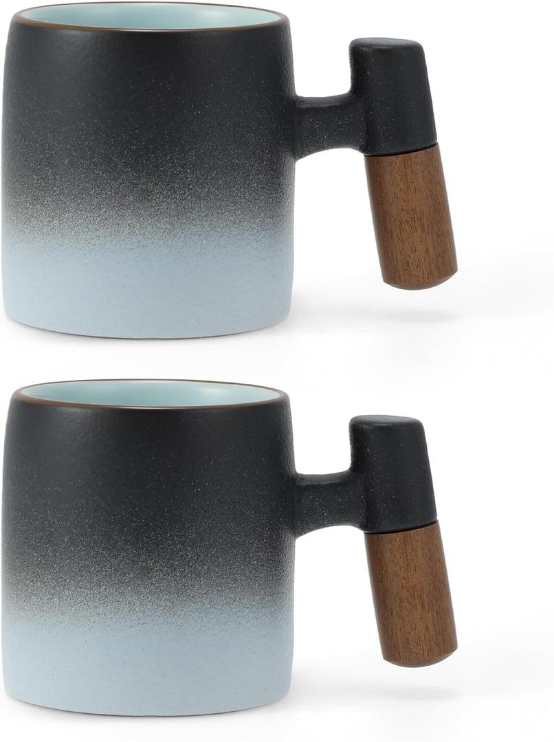 2.5oz Ceramic Espresso Cups with Wooden Handle, Porcelain Espresso Shot Cups Set of 2, Demitasse Cups for Coffee or Tea, Black, White