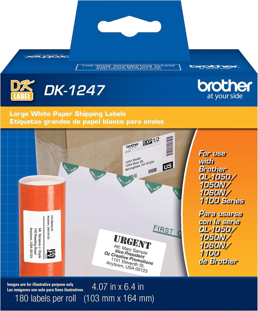 Brother Genuine DK-1247 Die-Cut Large Shipping White Paper Labels for Brother QL Label Printers 180 Labels per Roll 4.07 x 6.4 (103mm x 164 mm)