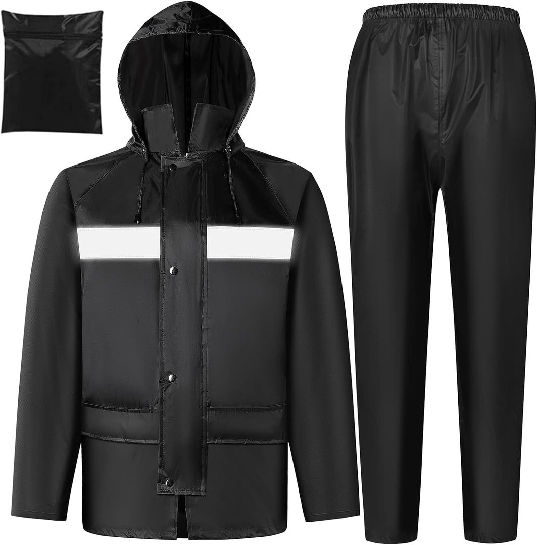 Rain Gear for Men Women Waterproof Lightweight Rain Suits Hideaway Hood Rain Jacket and Rain Pants for Outdoor (Large, Black)