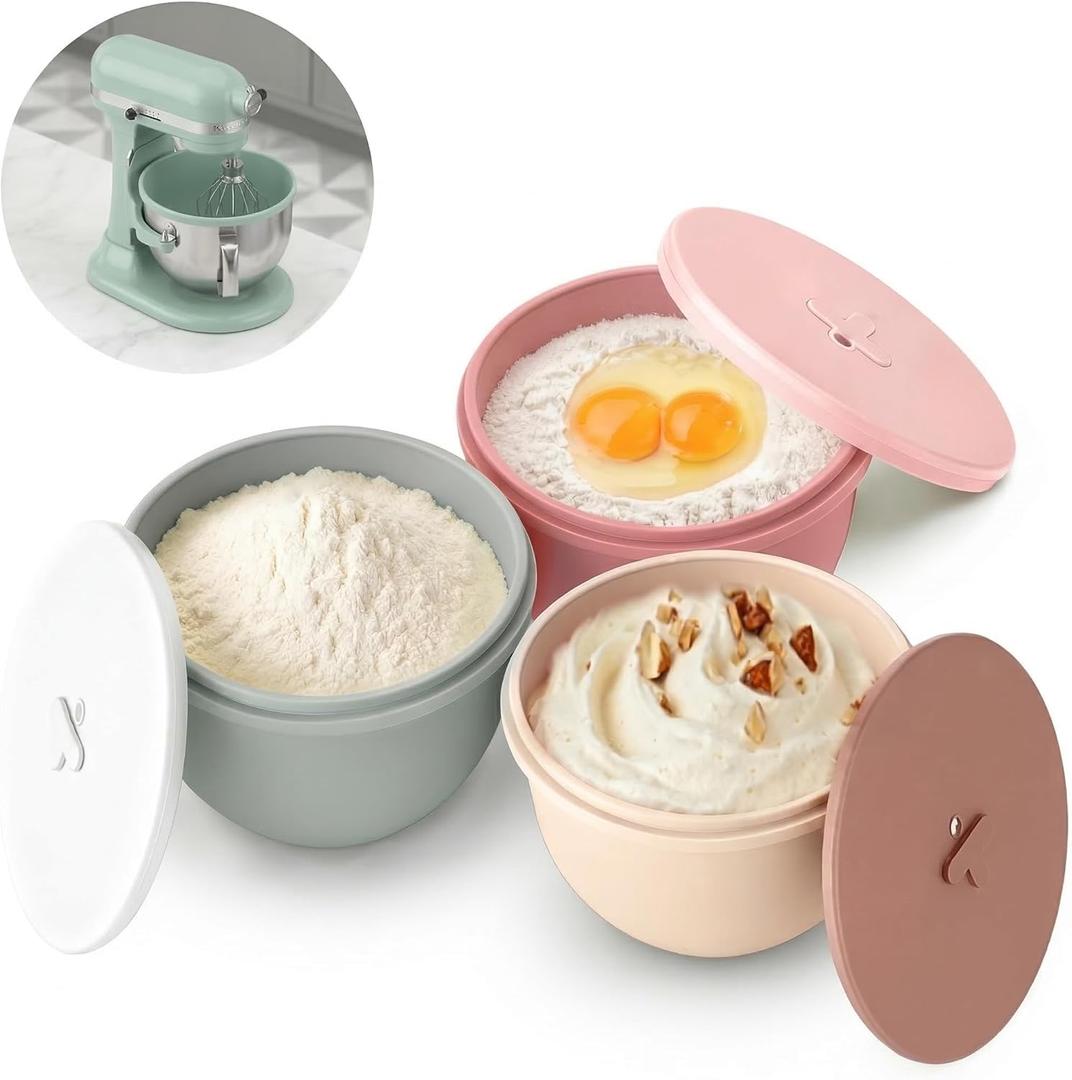 3-Pack Silicone Bowl Liners with Lids for KitchenAid 6-Qt Bowl-Lift Bowls Only, 2mm Extra-Thick Premium Silicone, Built-In Air Vents for Dough Proofing, Dishwasher Safe, BPA-Free (CREAM BEIGE/RUSTY ROSE/MUTED SAGE)
