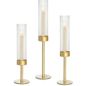 Gold Hurricane Candle Holders Set of 3, Brass Taper Candle Holders for Candlesticks, Elegant Tall Candle Sticks Holder Decor for Table Centerpiece, Wedding & Christmas Decorations