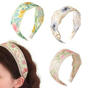Floral Headband for Women 3 PCS Embroidered Headband,Wide Boho Mesh Fabric Hair Bands,Comfortable and Non-slip Hair Accessories for Girls,Daily Wear and Special Occasions (Pink Yellow Green)