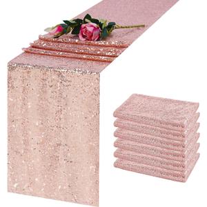 6 Pack Rose Gold Sequin Table Runner 12 x 108 Inch, High Density Sparkly Glitter Table Runners for Wedding Reception, Birthday Party, Baby Shower, Shimmering Pink Decor