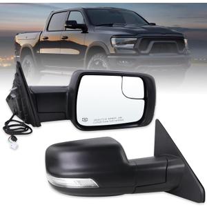 Right Passenger Side Mirror Compatible With Dodge Ram 1500 2019-2024 With Power and Heated Glass, Turn Signal Light and Puddle Light,Manual Folding/Textured Back