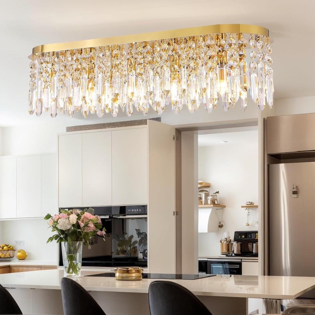Siljoy 10-Light Modern Crystal Chandelier, Luxury Gold Oval K9 Crystal Raindrop Chandelier, Dimmable Flush Mount Crystal Ceiling Light for Living Dining Room Kitchen Island, L40'' x W11'' x H11''