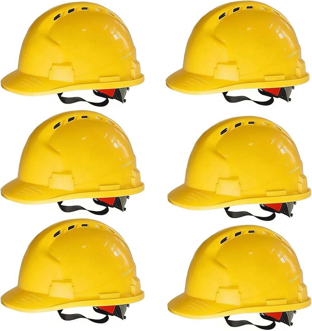 4 Pt. Suspension Hard Hat Bulk Safety Helmets Adjustable Ratchet Hard Hats, Vents & Sweat Cotton Brow Pad - ABS Construction Safety Helmets for Work Sites & Outdoor Labor (Yellow, 6 Pack)