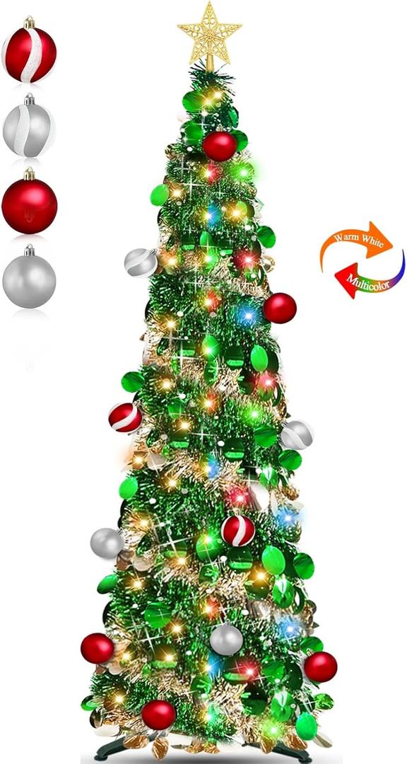 Dual Color Switch&Timer 5 Ft Gold Pop Up Christmas Tree with 50 Warm White&Color Lights 8 Modes, Tinsel Pencil Collapsible Xmas Tree, Easy Assembly, Balls 3D Star Sequins, Home Party Apartment Decor