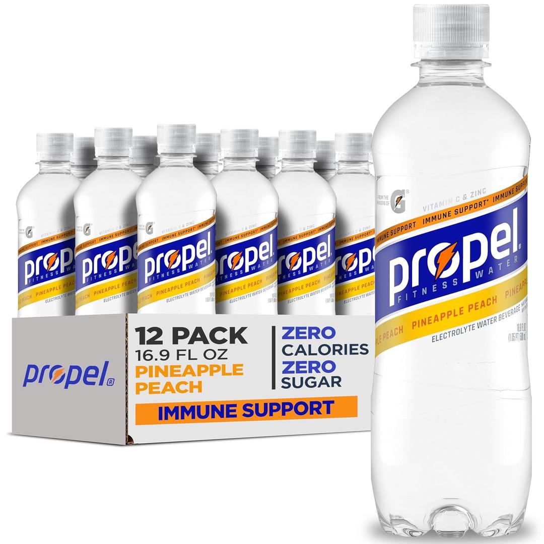 Propel Immune Support Electrolyte Enhanced Water Sports Drink, Pineapple Peach Flavored Water, 100% DV Vitamin C + Zinc, Zero Calorie & Zero Sugar Hydration with Electrolytes and Vitamins, 16.9 fl oz Water Bottles (12 Pack) BBD 09/07/2026 