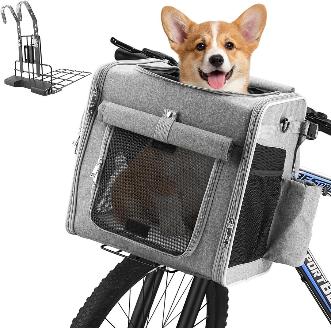 Xixter Dog Bike Basket Carrier  Secure Pet Bicycle Basket with Mesh, Safety Lanyard & Contains Metal Supports Reflective Strips for Small Dogs up to 22 lbs,Suitable for Mountain Bikes Grey
