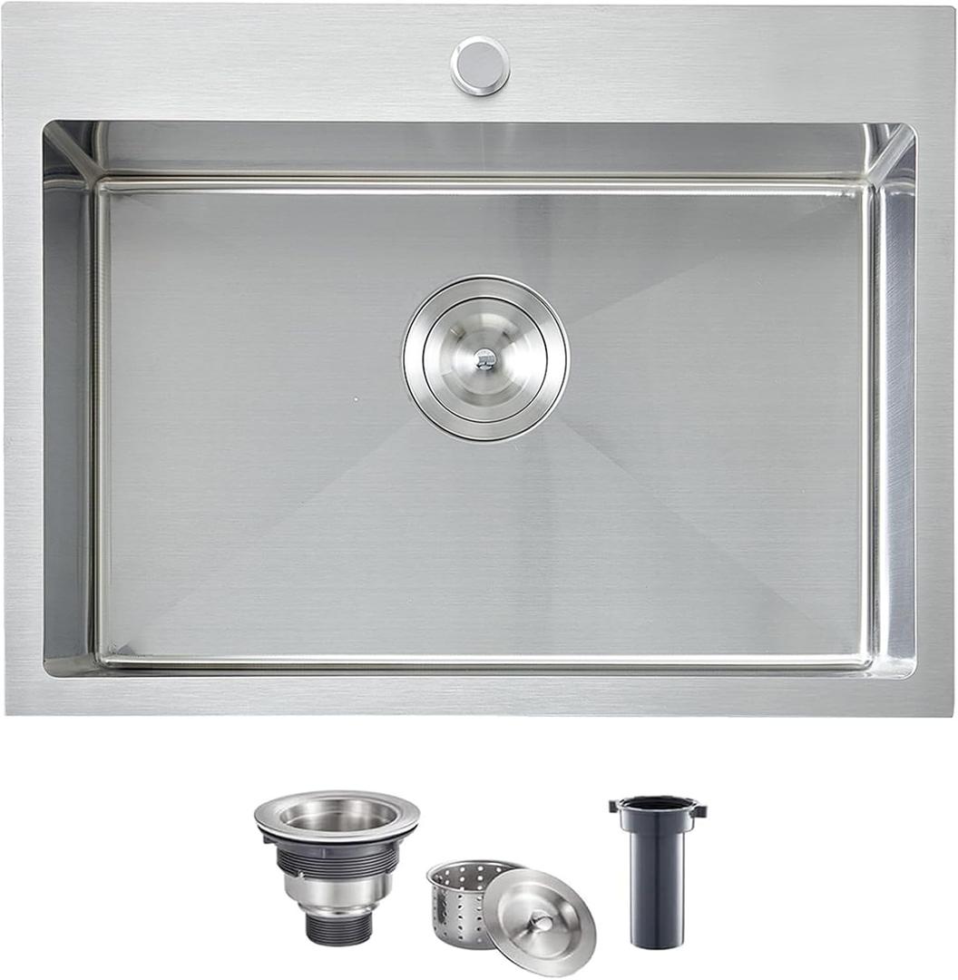 VCCUCINE 22x18 Inch Drop in Kitchen Sink,16 Gauge Topmount RV Small Kitchen Bar Sink, Handmade Stainless Steel Wet Bar Sink, Outdoor Single Bowl, Brushed Nickel Prep Sink with Strainer