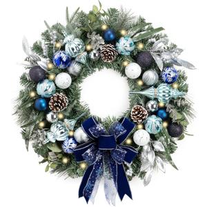 Valery Madelyn 24'' Pre-Lit Christmas Wreath for Front Door with Light, Collapsible Lighted Outdoor Christmas Wreath with Silvery Blue Xmas Balls Ribbons for Home Porch Fireplace Window Holiday Decor