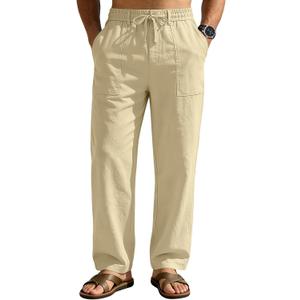 Linen Pants Men Casual Elastic Waist Drawstring Loose Straight with 4 Pockets (XL)
