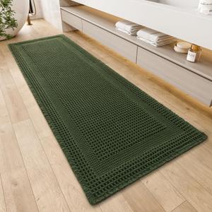 AMOAMI Waffle Bath-Mat, Absorbent Bath Mats for Bathroom Non Slip, Machine Washable Bathroom Rugs with Tassels Ultra Soft Boho Bath Rugs for Floor 2'x4'(24"x48") Dark Green