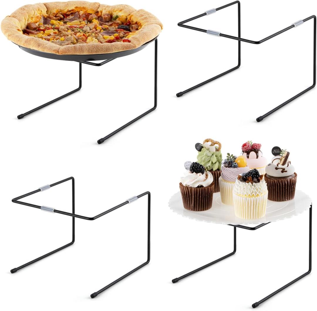 PUERSI 4 PCS Pizza Stand Holder with Non-Slip Pads, Black Metal Pizza Pan Display Stands, Food Platter Riser Serving Tray for Party Wedding