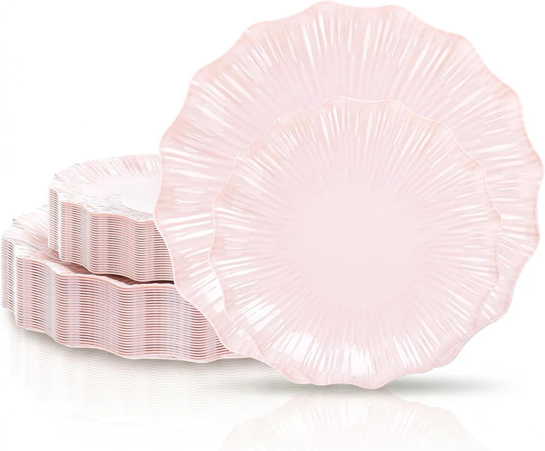 Rubtlamp 60Pcs Pink Scalloped Plastic Plates, Heavy Duty Pink Wavy Party Plates,Fancy Disposable Plate with Ruffled Edge,Floral Elegant Plate Include 30Salad Plates,30Dinner Plates for Wedding