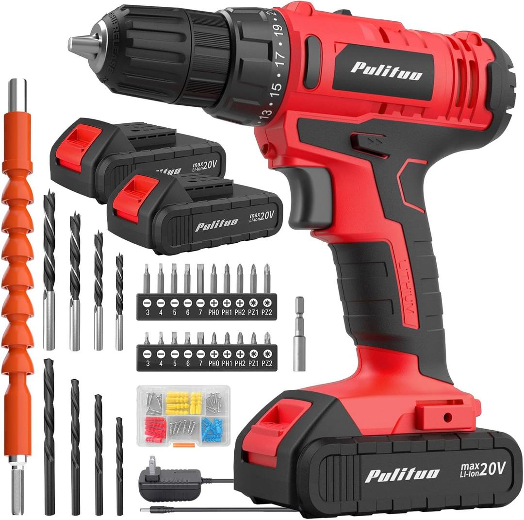 PULITUO 20V Cordless Drill/Driver, 2 Batteries Electric Screwdriver, 30Nm Power Drill Driver, 21+1 Torque, 2 Speed, 3/8"Keyless Chuck, power Drill with LED Light, Drill Driver Kit for Home (Red)