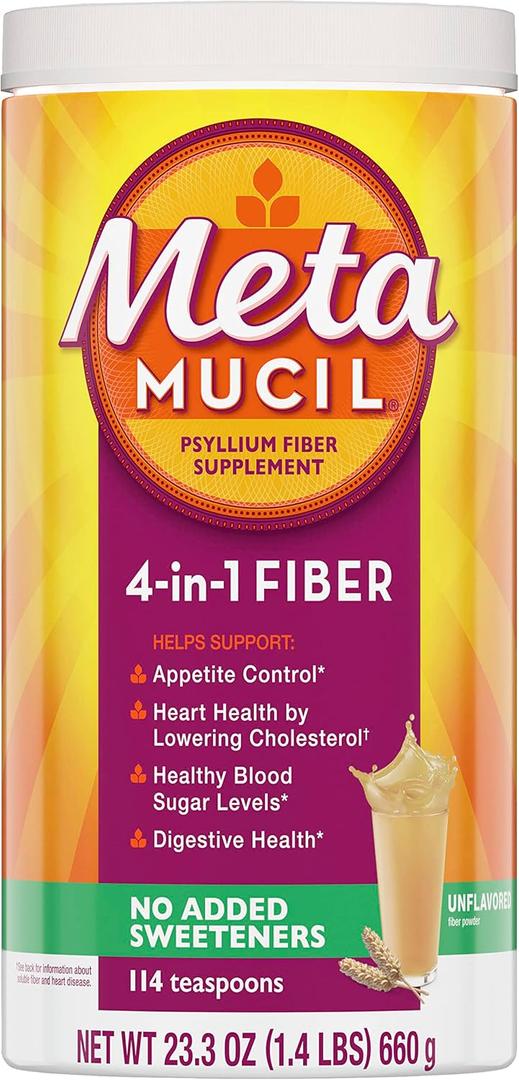 Metamucil, Unflavored Psyllium Husk Powder Fiber Supplement, Plain wih No Added Sweeteners, 4-in-1 Psyllium Husk Fiber Powder for Digestive Health, #1 Doctor Recommended Fiber Brand, 114 Teaspoons, EXP: 05/2026