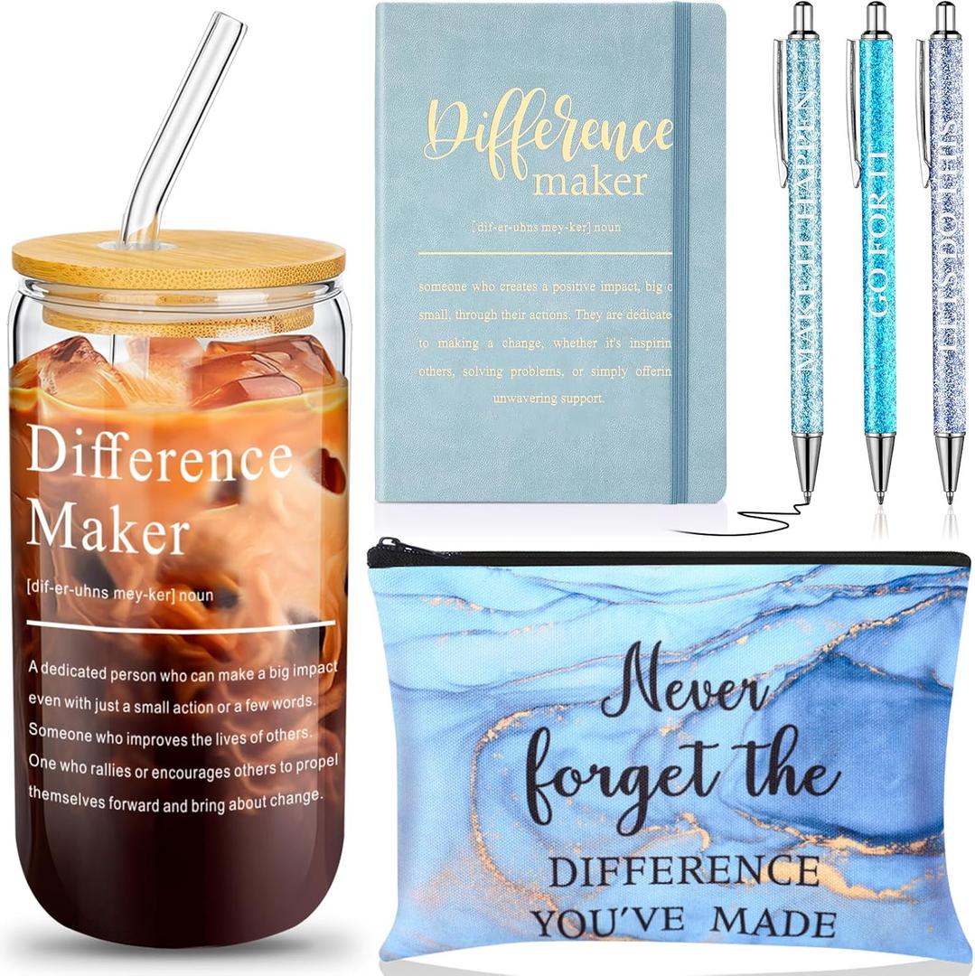 6 Pcs Difference Maker Gift for Women Christmas Teacher Appreciation for Employee Leather Journal Notebook with 3 Ballpoints Tumbler Makeup Bag for Coworkers Staff(Blue)