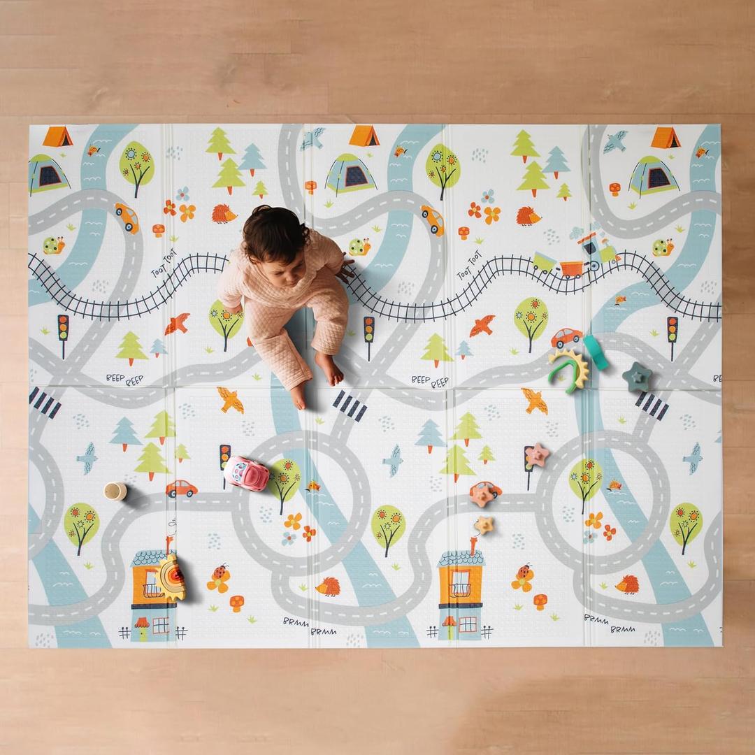 Nuby Foldable Reversible Baby Play Mat, 77" x 58", XXL, 0M+, Car Tracks