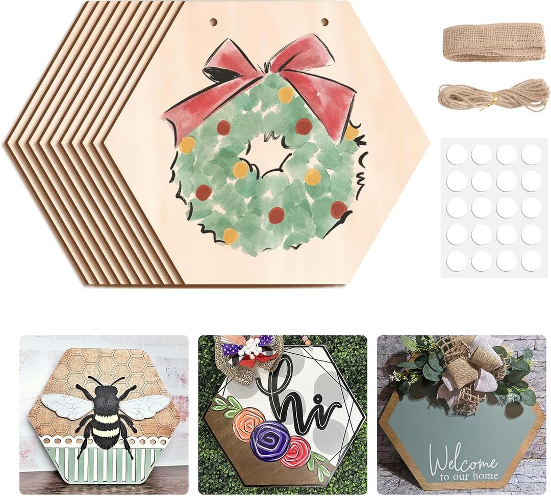 HAOPENGYOU 10Pcs Christmas Wood Hexagon for Crafts, 8.6 inch Unfinished Wood Hexagon with Twine, DIY Wooden Projects, Wood Burning, Painting, Christmas Day Decor DIY Gifts