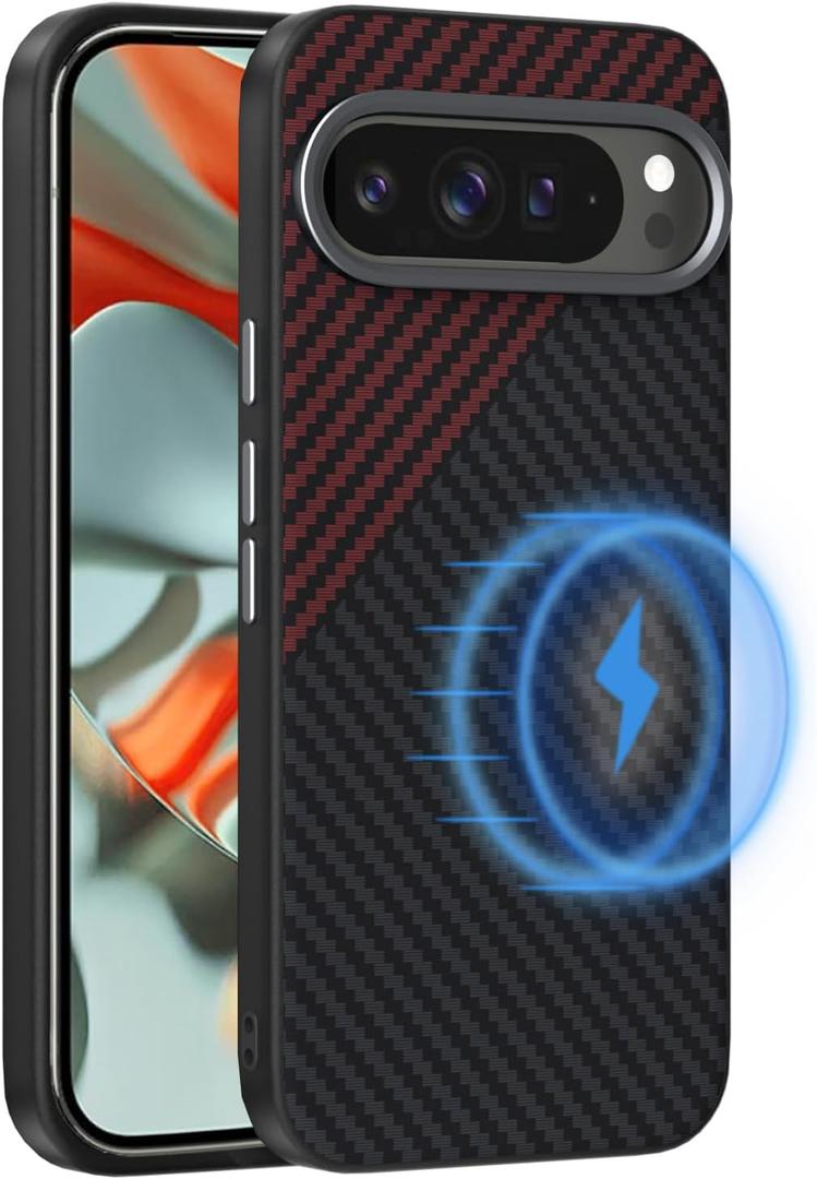 Magnetic Carbon Fiber Case for Google Pixel 9 Pro XL Compatible with MagSafe, Slim & Ultra Thin Aramid Fiber Anti-Scratch Military-Grade & Metal Camera Shockproof Case, Black&Red