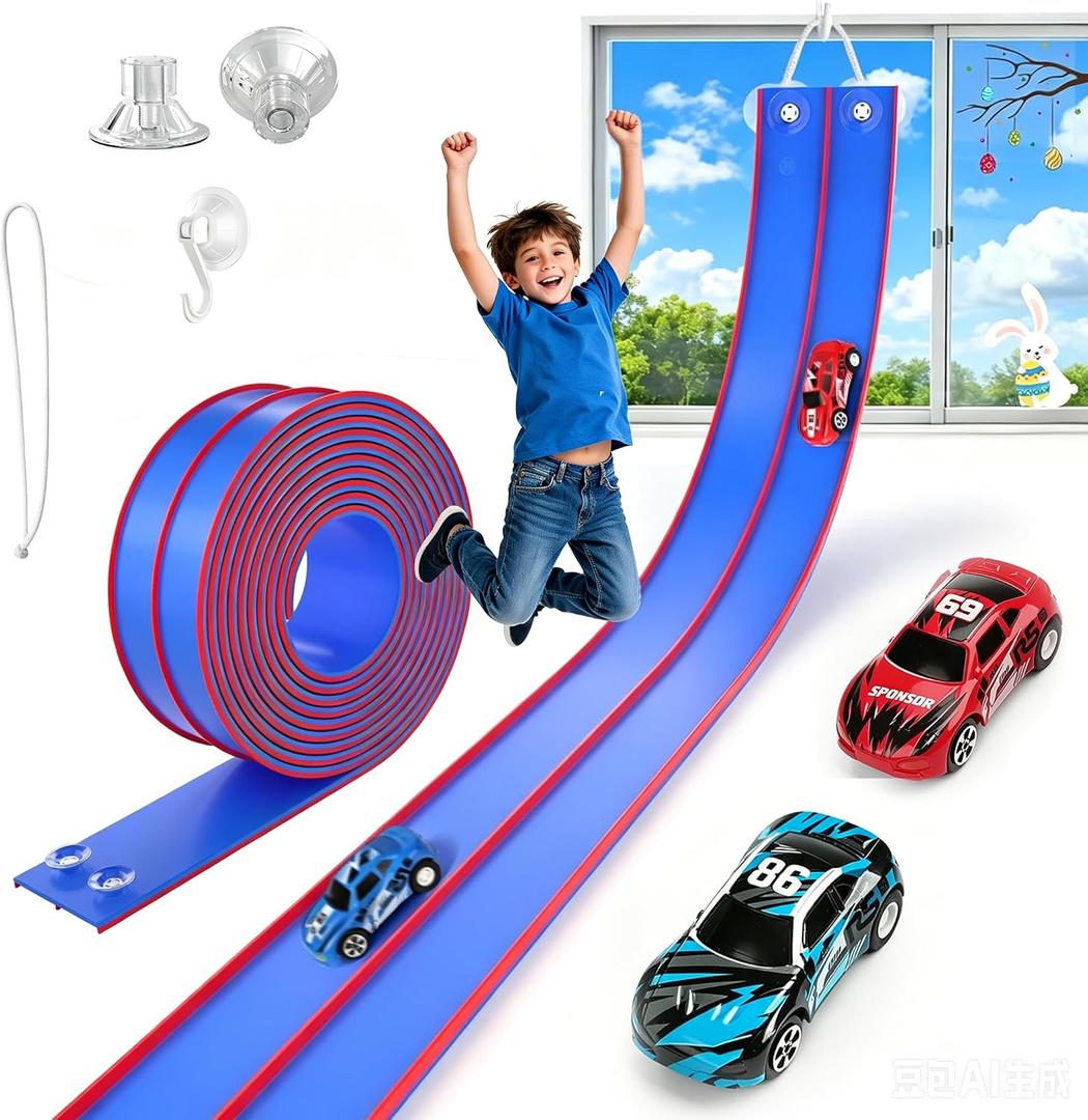 TAEMVV 15 Ft Dual Flexible Race Track for Kids, DIY Ramps Car Track Set with 2 Toy Cars Compatible with Hot Wheels 1/64 Diecast Cars, Reinforced Suction Cup for Boys Girls 3+, Blue Pro