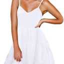 FANCYINN Women Floral Casual Tiered Mini Dresses Spaghetti Strap V Neck Backless A Line Swing Short Dress with Pockets L