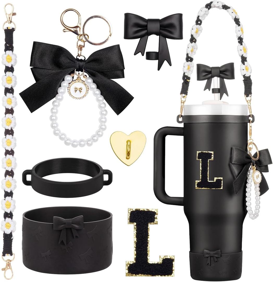7Pcs Black Stanley Cup Accessories for 40Oz 30Oz 20Oz, Women Teen Girls Gifts, Stanley Tumbler Cup Decoration with Straw Topper, Bow Charm, Silicone Boot, Handle Strap, Letter Sticker Large