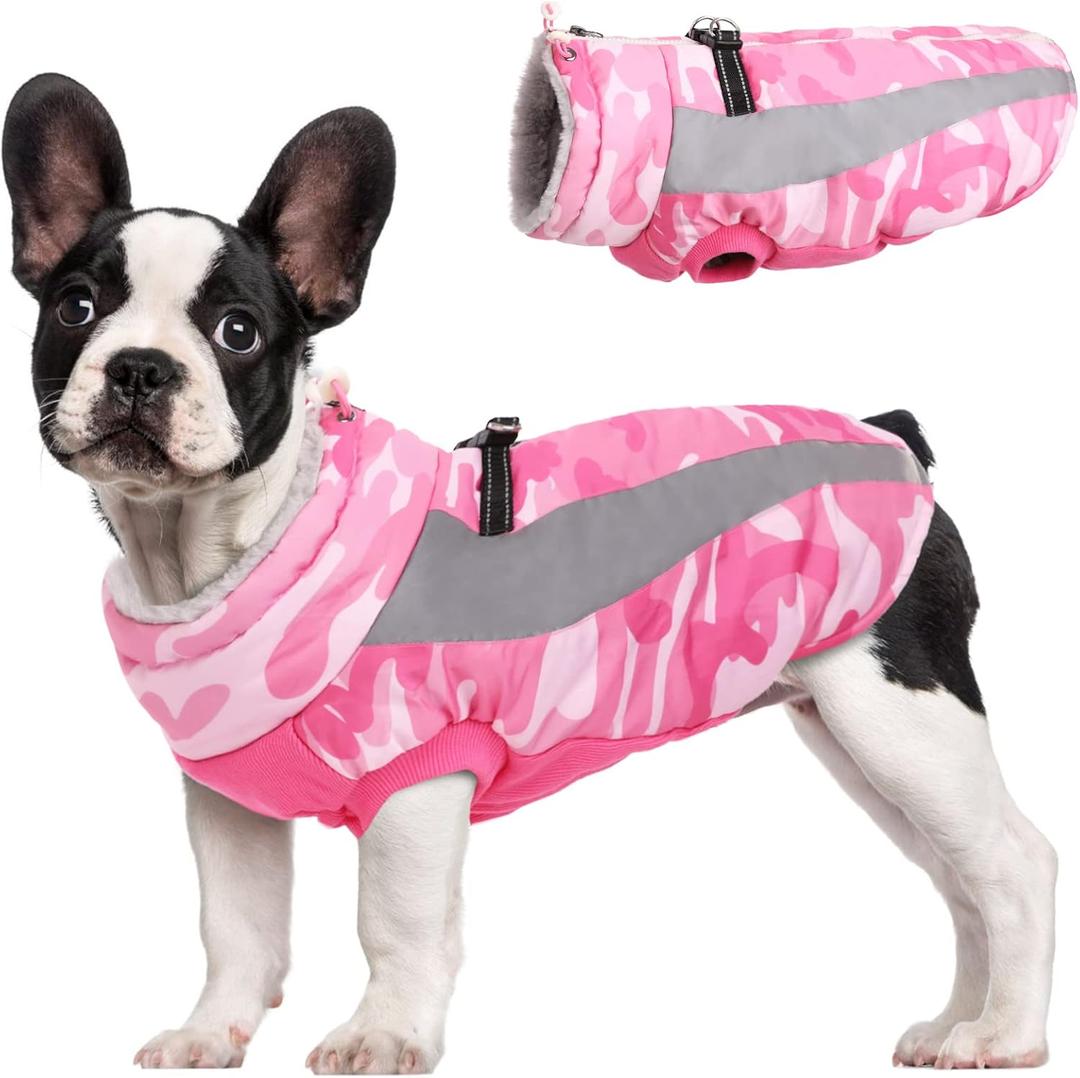 FUAMEY Dog Winter Jackets for Large Dogs,Dog Coat with Harness Built in,Waterproof Dogs Snowsuits Warm Pet Jacket Zip Up Fleece Cold Weather Coats Reflective Puppy Vest with Pocket Blue 3XL (Medium(chest:21in), pink)