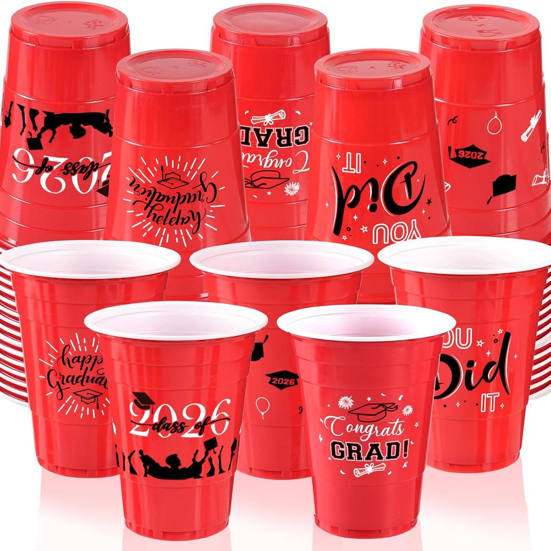 Graduation Decorations 2026 Party Cups - 50pcs 16 Oz Red and Black Disposable Graduation Plastic Cups for School Class of 2026 Grad Celebration Party Favors Supplies (5 Designs)