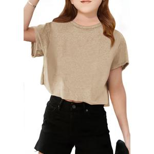 Girls Short Sleeve Crop Tops Kids Fashion Athletic Crew Neck Cropped T Shirts Casual Basic Tees. Size 7-8Y