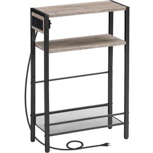 HOOBRO Small Narrow Side Table with Charging Station, Skinny End Table for Small Spaces, Slim Nightstand with USB Ports Outlet, Sofa Beside Table with Storage Shelf, Greige and Black BG102UBZ01
