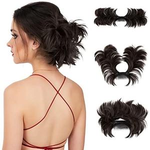 1 Pack YOUNGWAYS Messy Bun Hair Piece Side Comb Clip in Hair Bun Hairpiece for Women Short Natural Straight Versatile Adjustable Styles Easy Hair pieces (Black Brown-S)