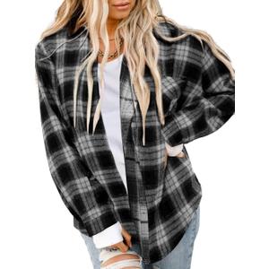 Asiertiy Womens Buffalo Plaid Flannel Shirt Long Sleeve Collar Button Down Blouses Lightweight Tops (Black, S)
