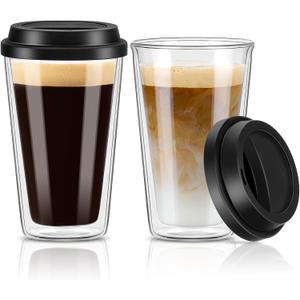 2 Packs Double Walled Glass Coffee Mugs with Silicone Lids, 12 OZ Reusable Glass Coffee Cups, Insulated Coffee Mugs, Cappuccino,Tea,Latte,Iced Coffee Cups, Glass Travel Mug, Heat Resistant, Clear 