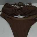 ZAFUL Women's Sexy Tie Spaghetti Strap Bikini Textured O Ring Ruched High Leg Swimsuit Cheeky Bathing Suits (Deep Coffee, L)