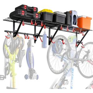 PLKOW Garage Wall Shelving Includes Bike Hooks, Sturdy Adjustable Garage Shelving Wall Mount Garage/Organizer (Black, 2-Pack)