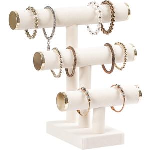 3 Tier Bracelet Holder,Bracelet Display Stand with Metal Cap,Beige White Velvet Jewelry Organizer Displays for Necklace Scrunchies Watches Hair Ties.