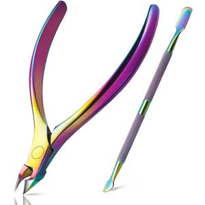 BEZOX Cuticle Trimmer with Pusher - Salon Quality Cuticle Clipper with Cuticle Pushers, Super Sharp Cuticle Cutters and Dual-End Nail Pushers Cuticle Stick, Professional Manicure Tools - Rainbow