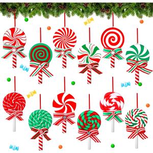 Ferraycle 12 Pcs Christmas Candy Ornaments Set Hanging Peppermint Decorations Xmas Lollipop Candies Polymer Clay Ornament for Party Supplies Wreath Decor