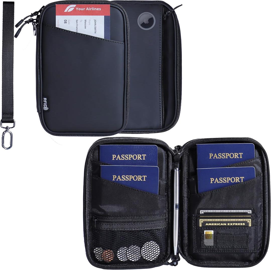 Family Passport Holder for 4, Black Passport Wallet for Travel, Passport Cover RFID Blocking for Women, Waterproof Wallet with Zipper, Airtag Passport Case for Men, Multiple Passport Bag