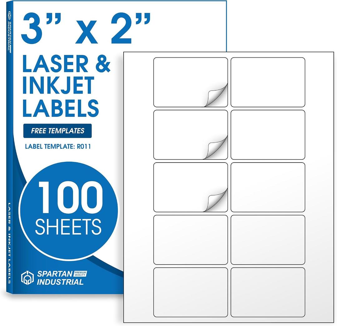 3" X 2" Matte White Printable Shipping Labels (100 Sheets, 1000 Stickers) Mailing and Address Labels, Product Packaging Stickers for Laser & Inkjet Printers - Spartan Industrial Template R011