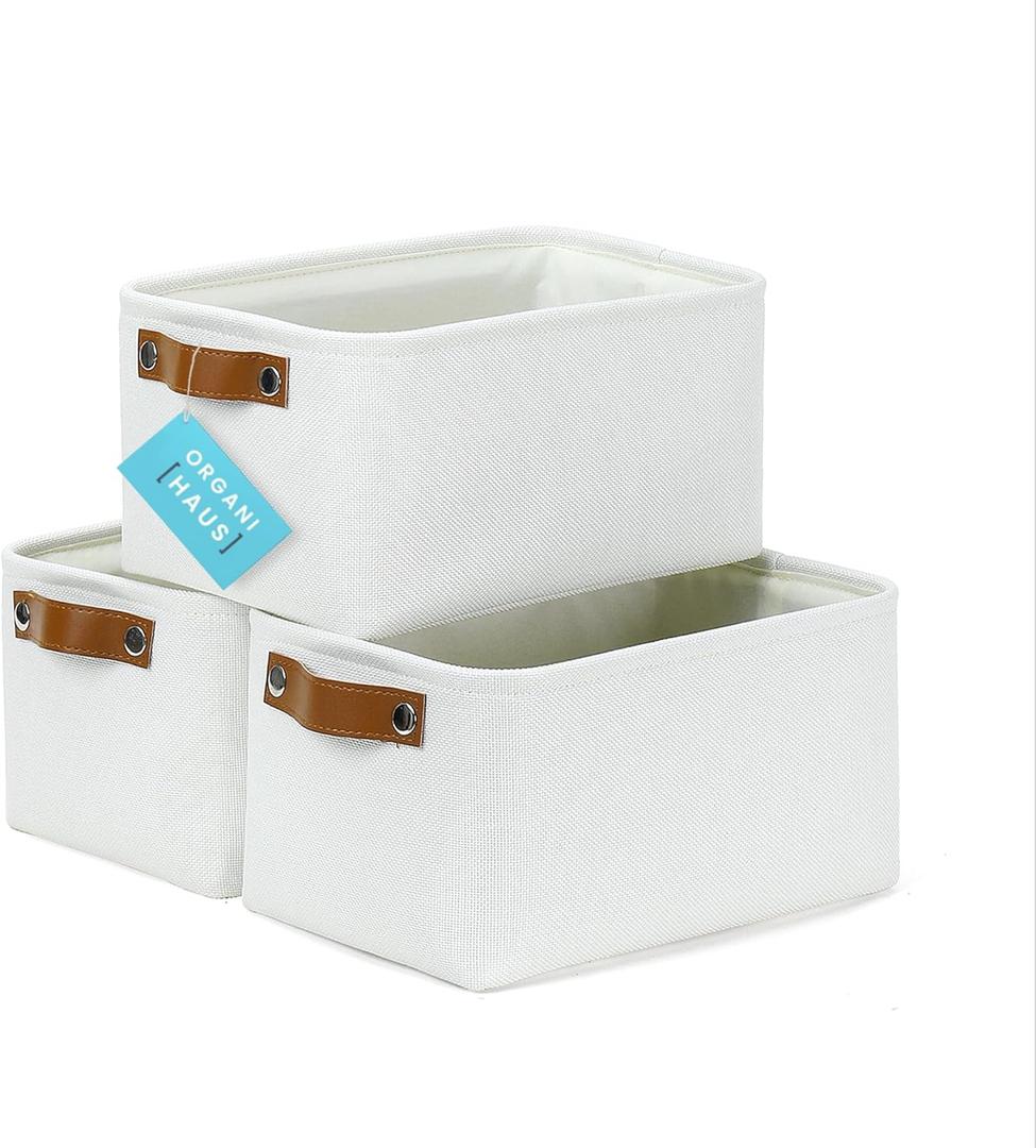 OrganiHaus Small Fabric Storage Baskets 3 Pack, 12x8in Cloth Storage Bins for Shelves, Small Baskets for Organizing Pantry Closet, Canvas Shelf Baskets, Off-White