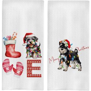 Christmas Schnauzer Kitchen Towels Set - Schnauzer Gifts Waffle Decorative Dish Towels, Christmas Schnauzer Hand Tea Towes, Schnauzer Gifts, 16x24 Inches Set of 2
