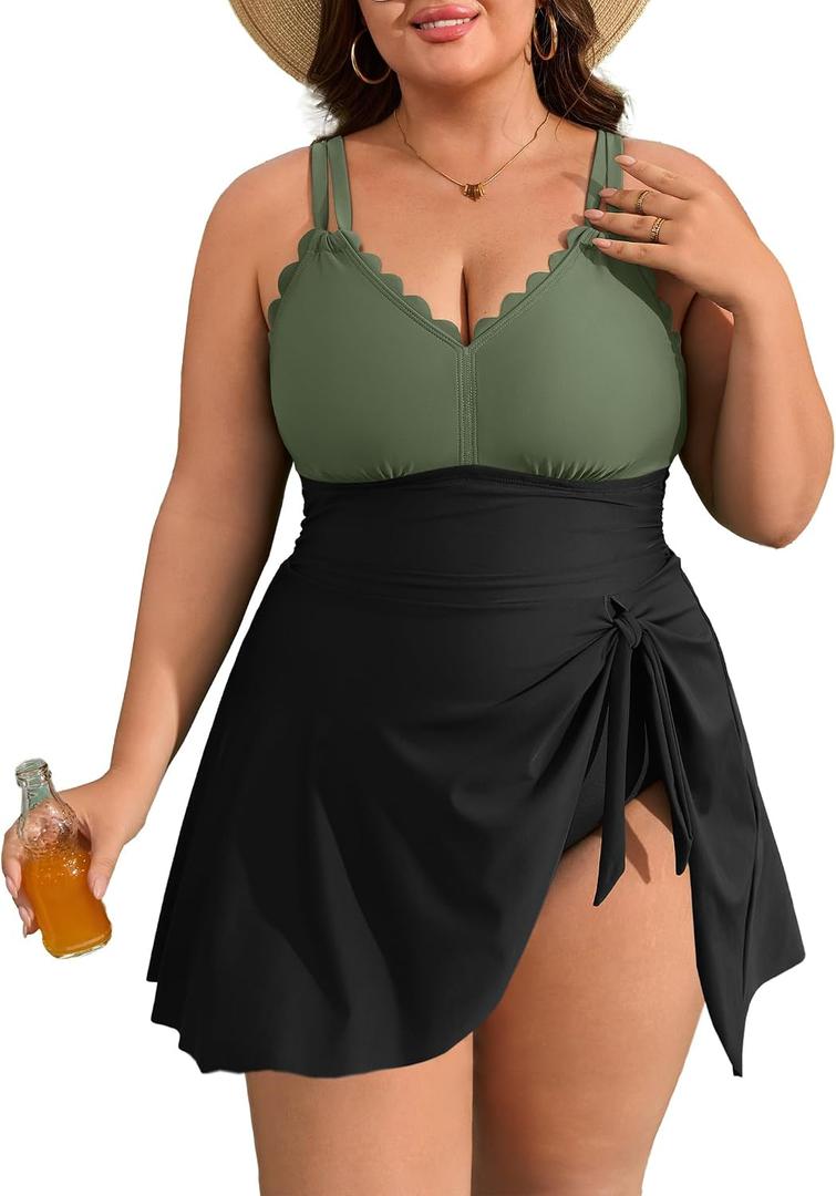 Charmo Plus Size Swimsuit for Women Swim Dress Scalloped One Piece Tummy Control Bathing Suit Ruched Swim Suits 2026, 1X