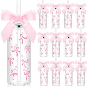 Skylety 12 Pcs 14oz Pink Bow Plastic Bottle with Straw Lid and Twist Bow Disposable Coquette Bottles Cute Inspired Retro Reusable Bottles for Women Birthday Party Friend Drinkware