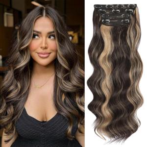 Vigorous Clip in Hair Extensions 4PCS Brown mix Blonde Long Wavy Hairpieces 24Inch Hair Extensions Clip Ins Soft Synthetic Hairpieces for Women