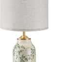 Tellingyou 1 Pcs 21" Vintage Green Ceramic Lamp with Beige Linen Shade Farmhouse Modern Table Lamp Ice Cracked Rose Floral for Bedroom Living Room Office Dorm Desk Table Rocker, Bulbs Not Included
